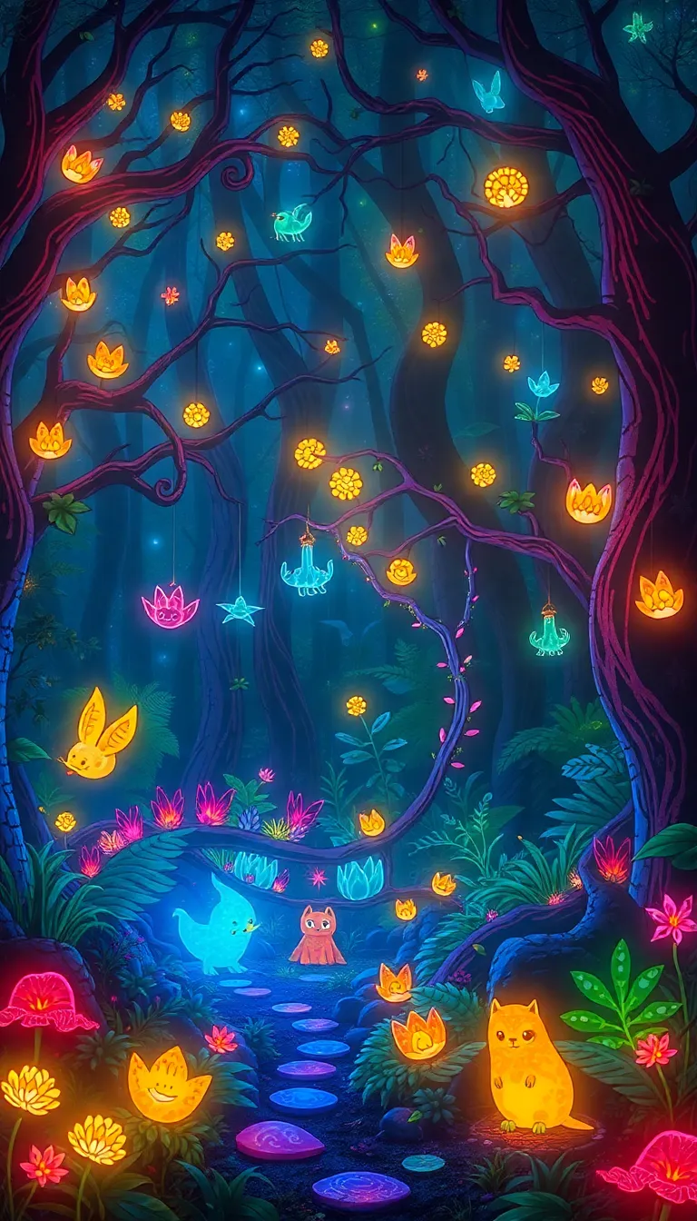 A magical forest with trees glowing with light, creating an enchanting atmosphere.