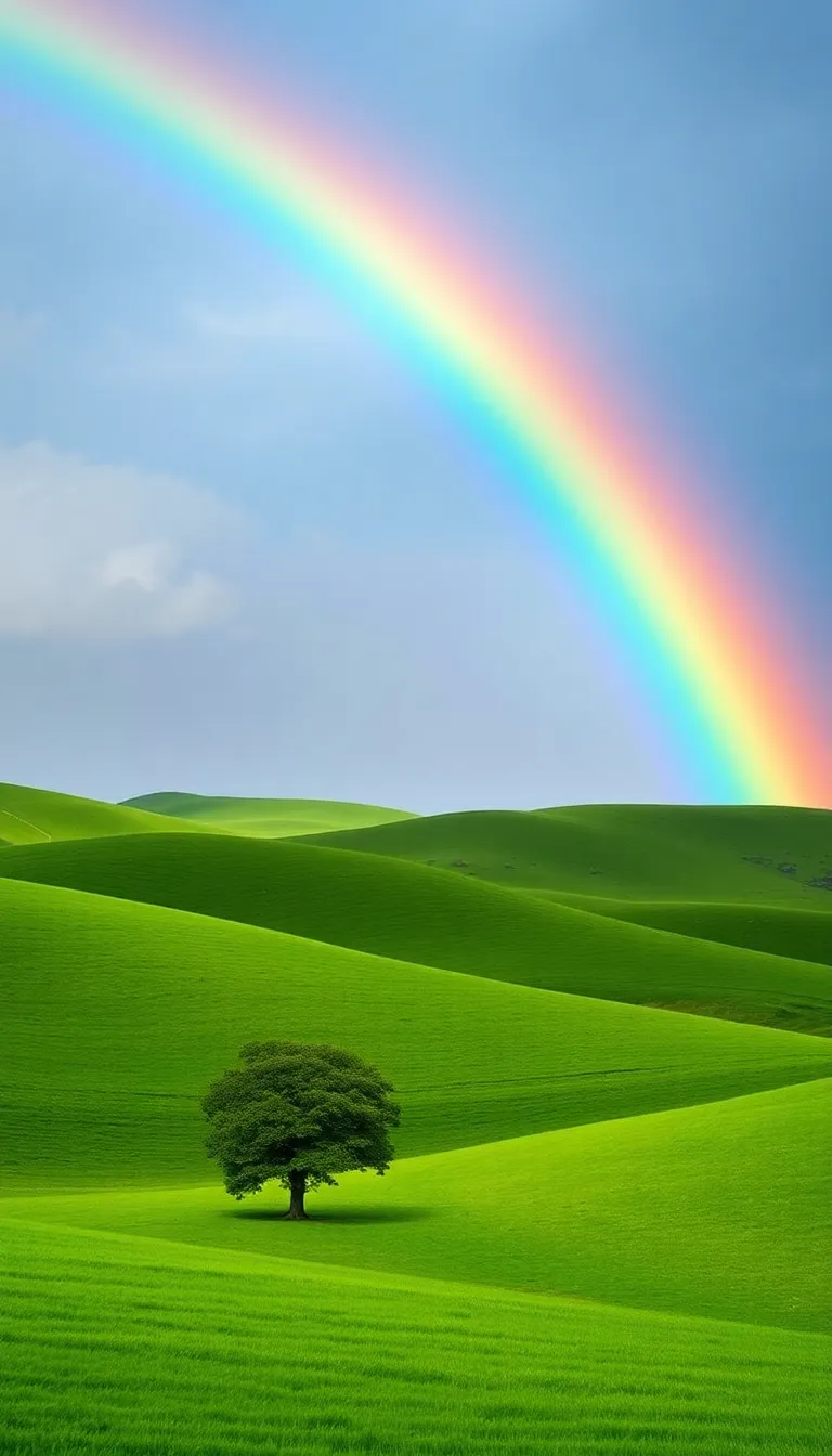 A vibrant rainbow arches over a lush green meadow with a lone tree.