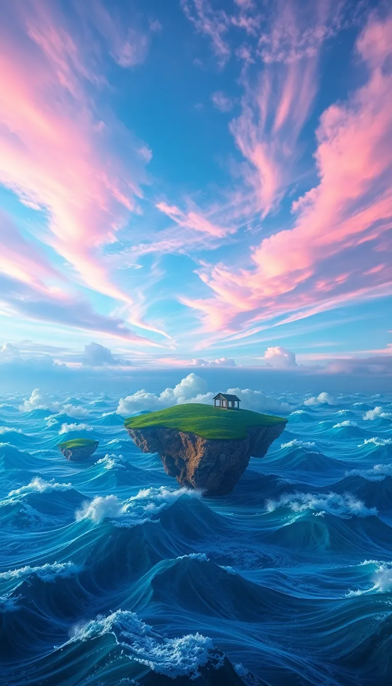 A whimsical island floating on a sea of clouds, with a vibrant pink sky.