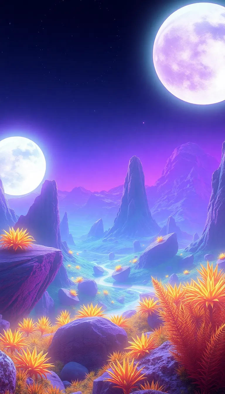 A surreal landscape with a pink moon and glowing mountains under a starry sky.