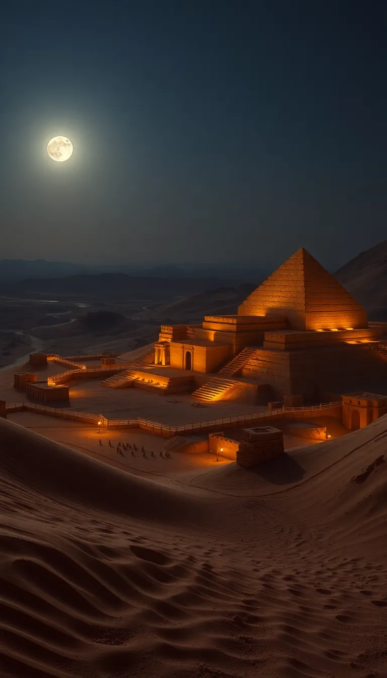 A majestic desert temple illuminated by the moonlight.