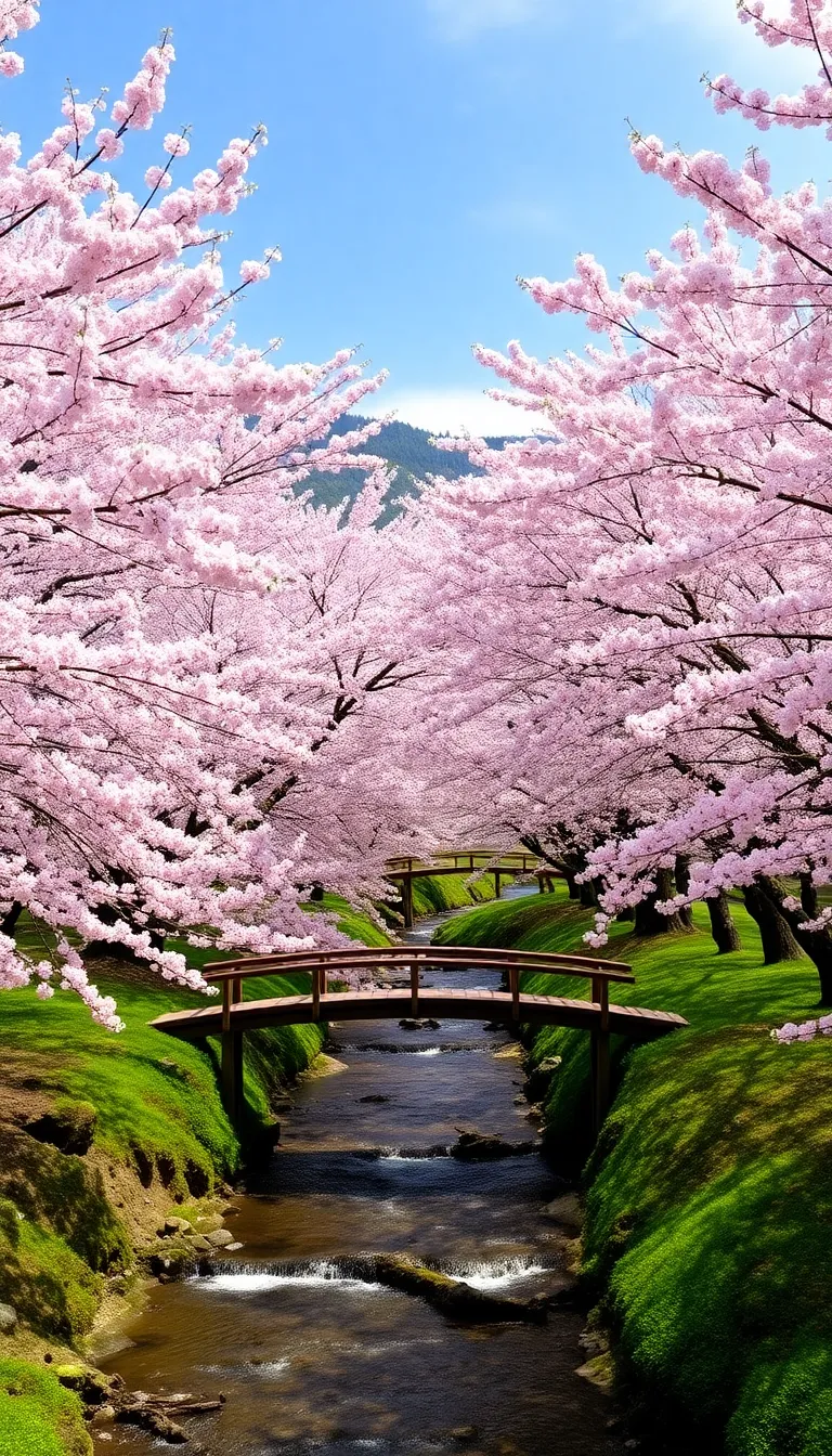 A picturesque scene with a wooden bridge crossing a stream, surrounded by blooming cherry blossom trees.