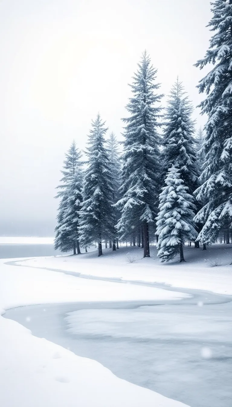 A serene winter scene with snow-covered trees lining a frozen lake.