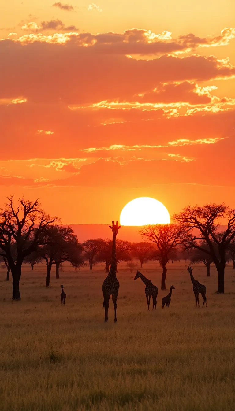 A breathtaking African sunset casts a golden glow over a herd of giraffes grazing in the savanna.