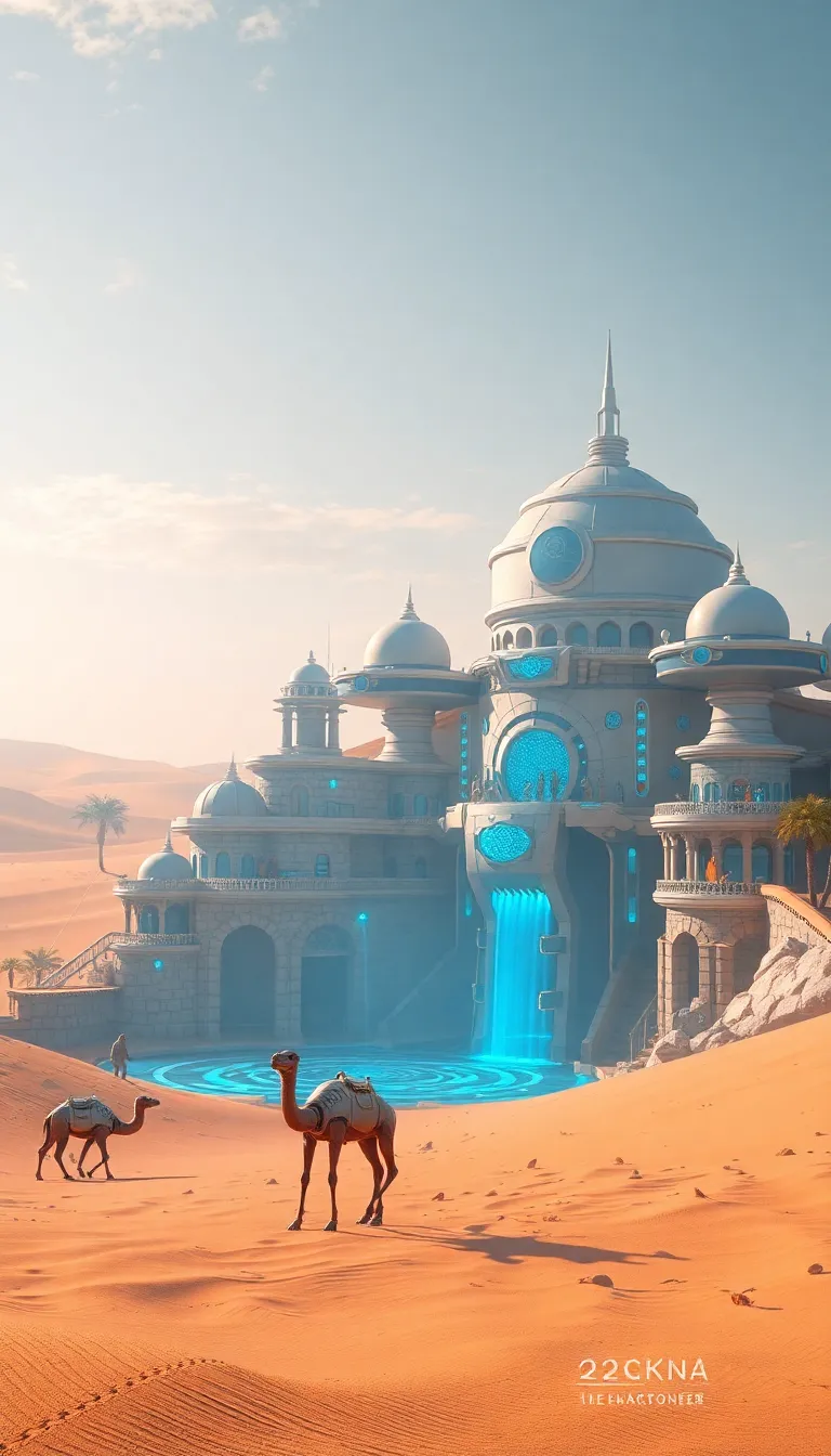 A majestic palace rises from the sand dunes in a desert oasis, with camels walking nearby.