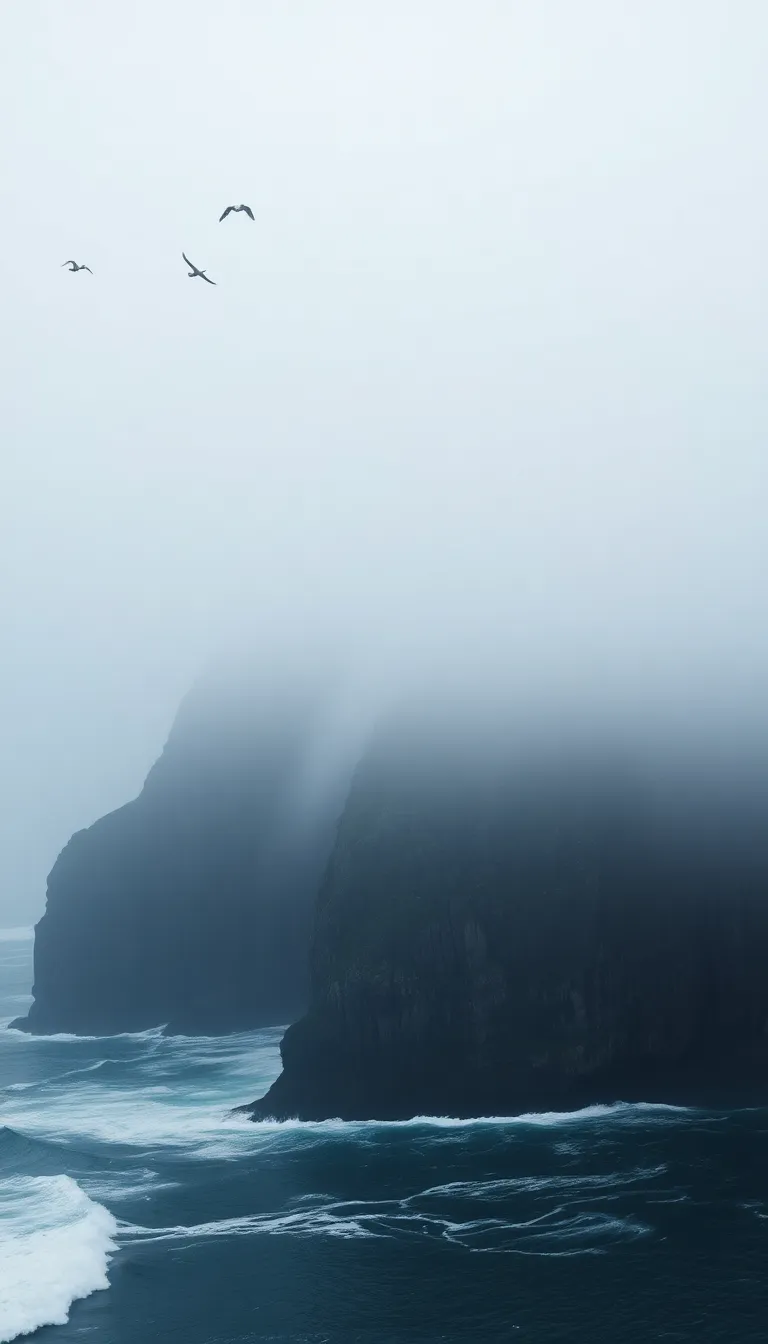 A misty landscape with a dramatic coastline shrouded in fog.