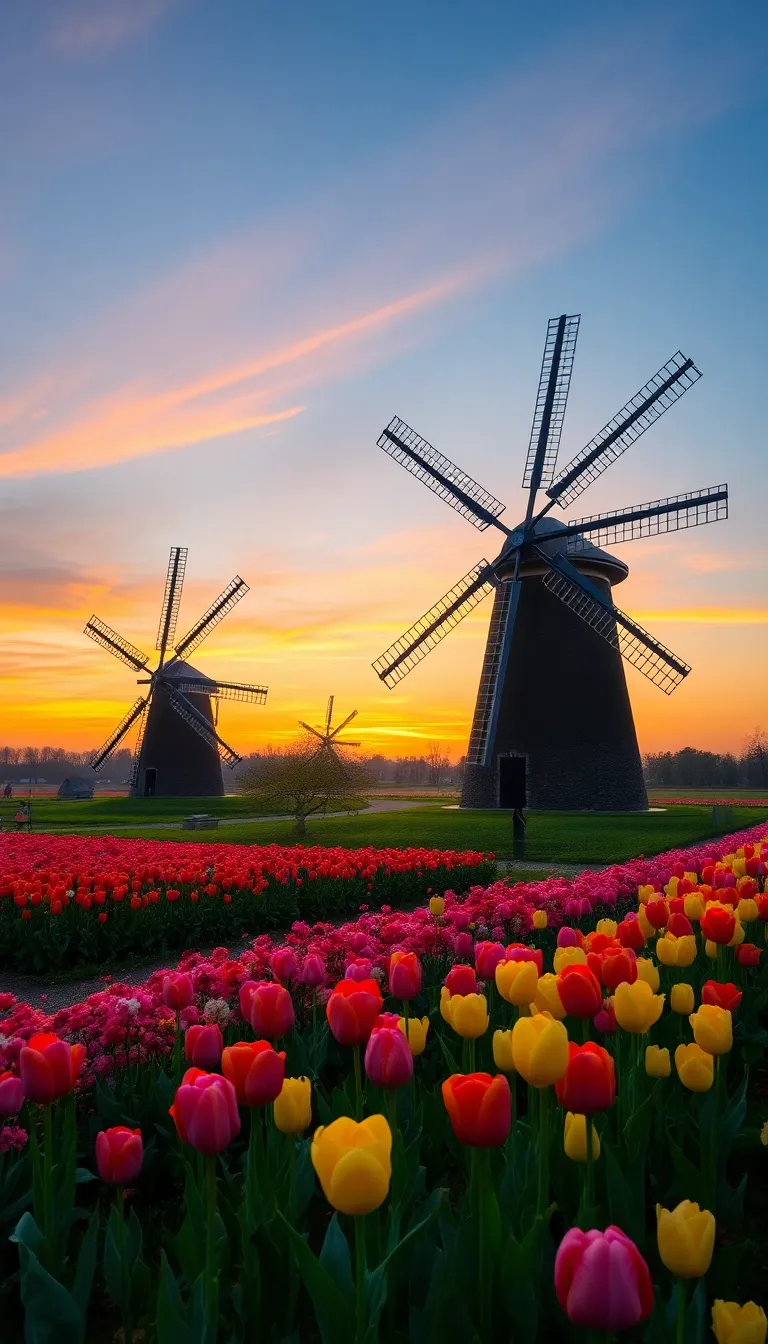 A picturesque field of colorful tulips with windmills silhouetted against a vibrant sunset.