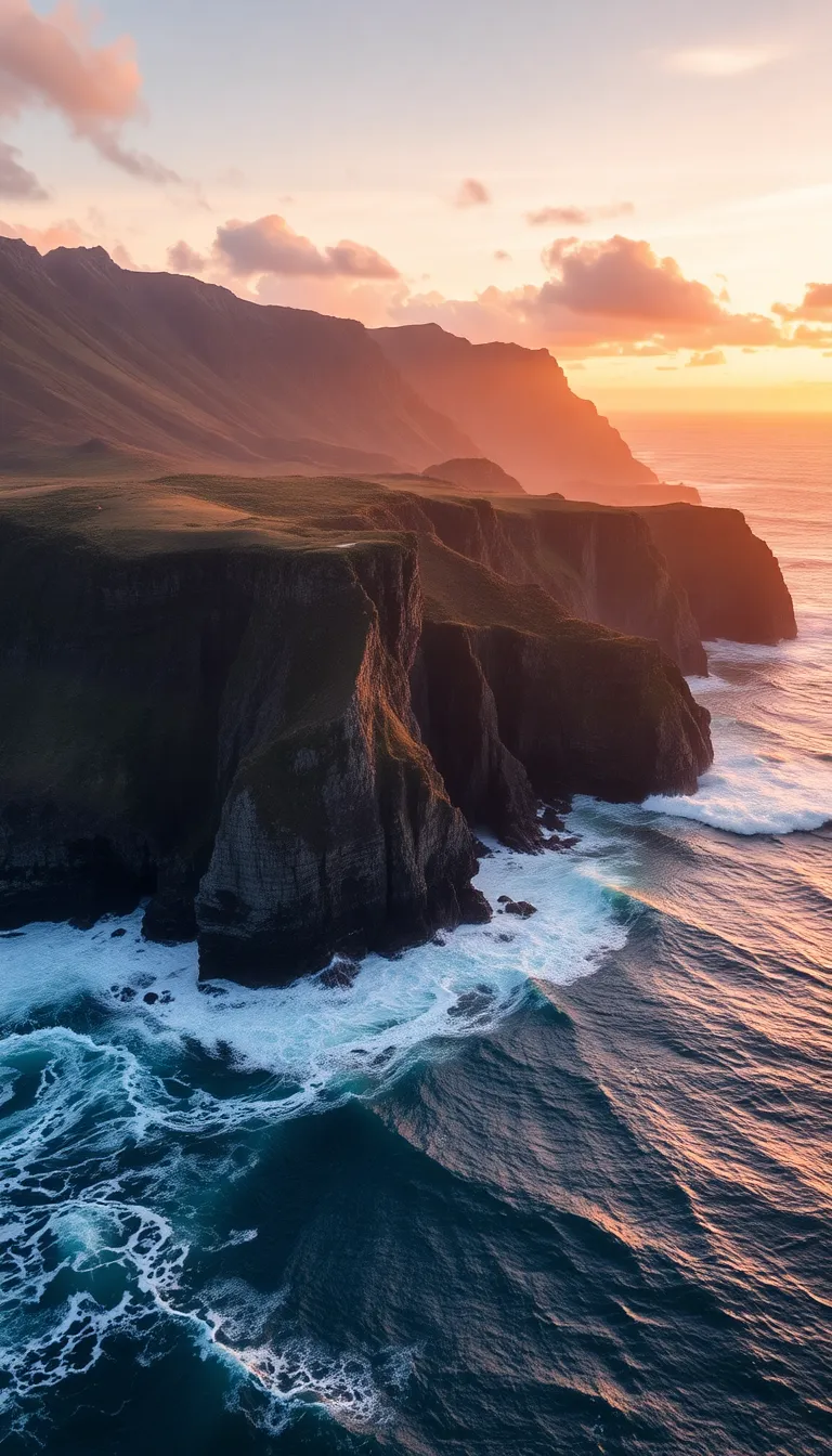 A dramatic seascape with towering cliffs and crashing waves.