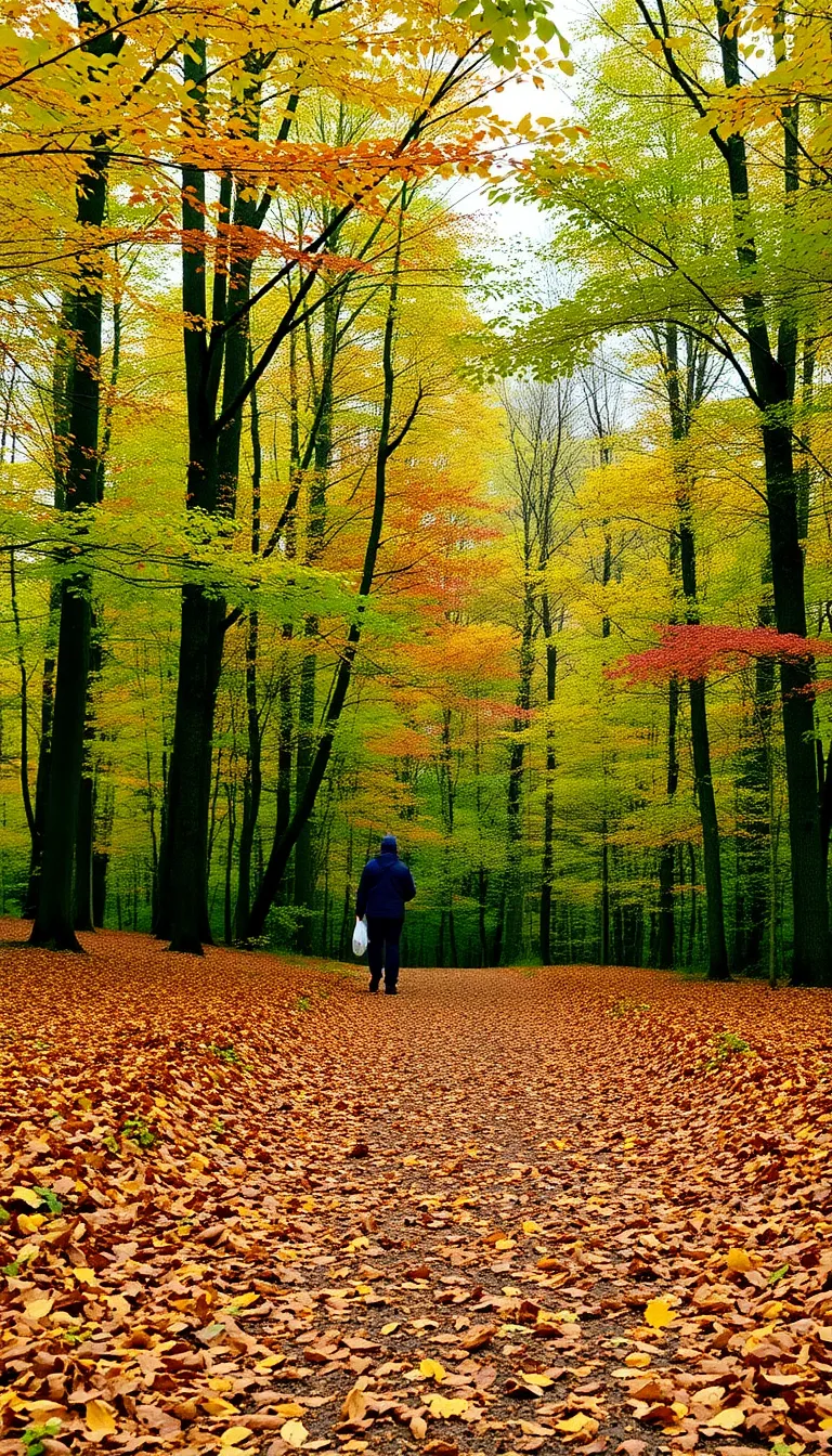 A person walking along a path in a forest with colorful autumn leaves.