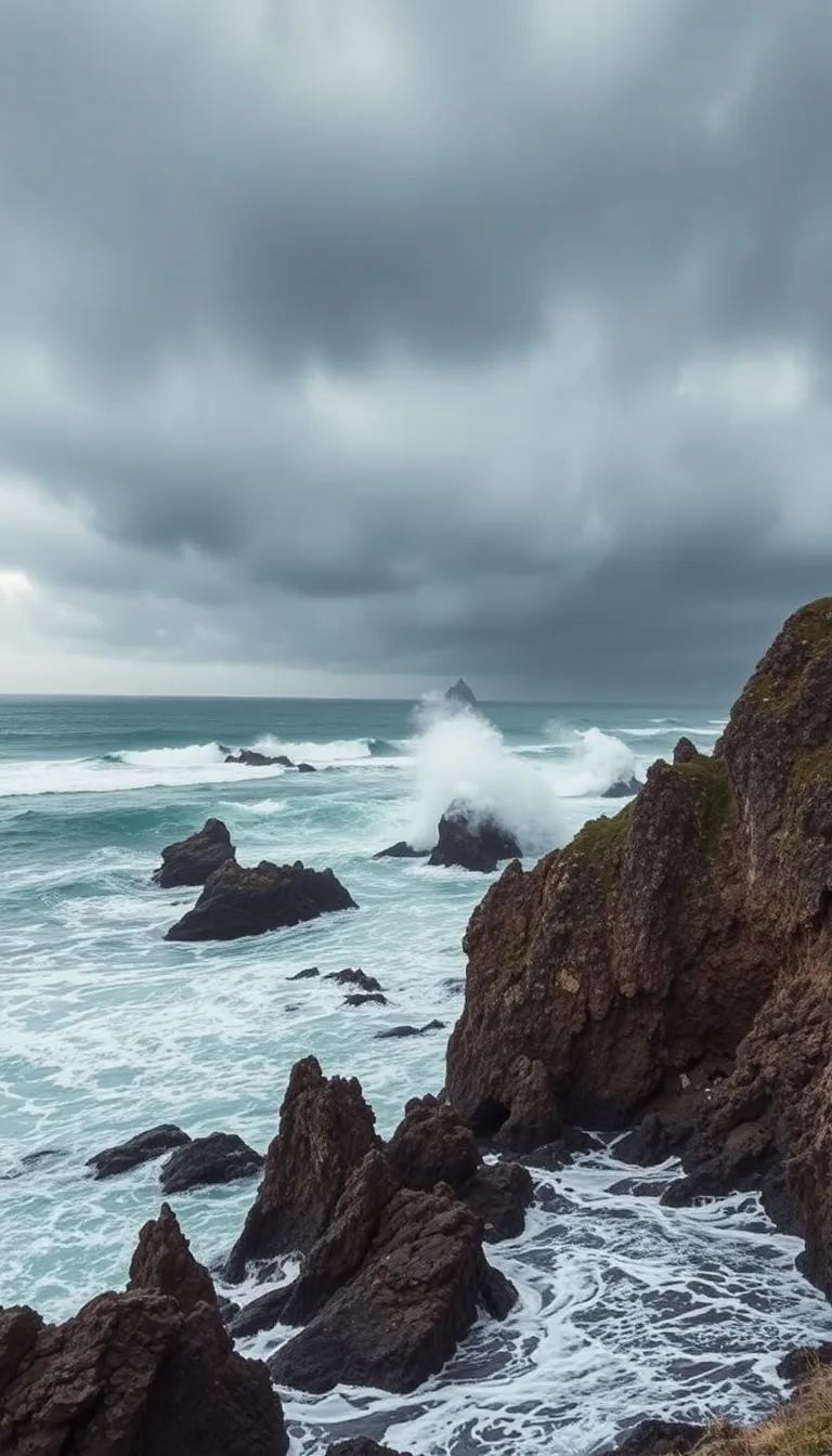 A dramatic seascape with crashing waves against a rocky coastline under a stormy sky.