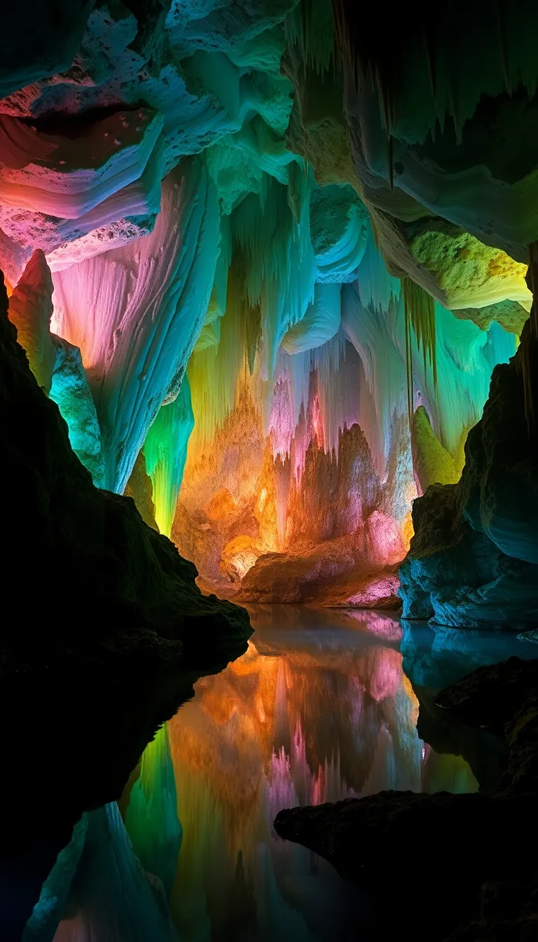 A mesmerizing cave with colorful formations and a reflective pool of water.