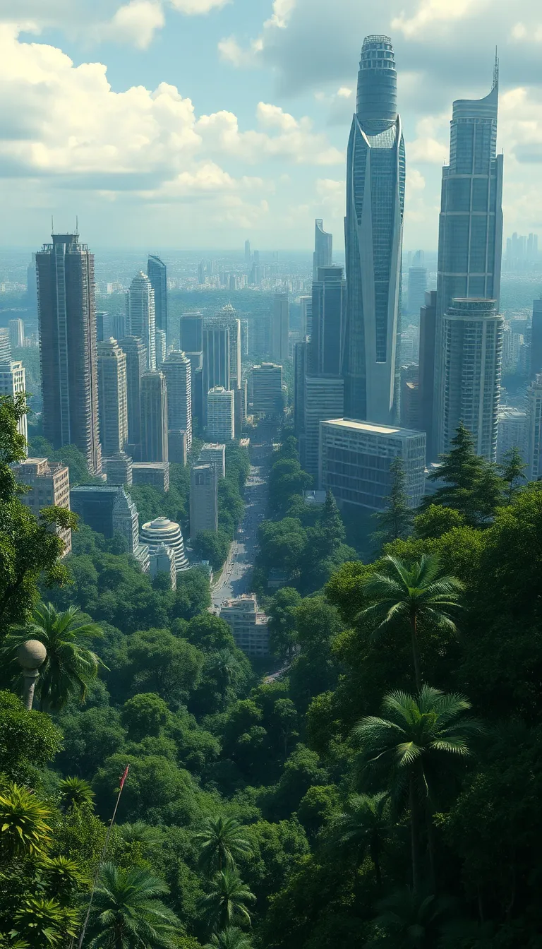 A panoramic view of a modern city skyline with lush greenery in the foreground.