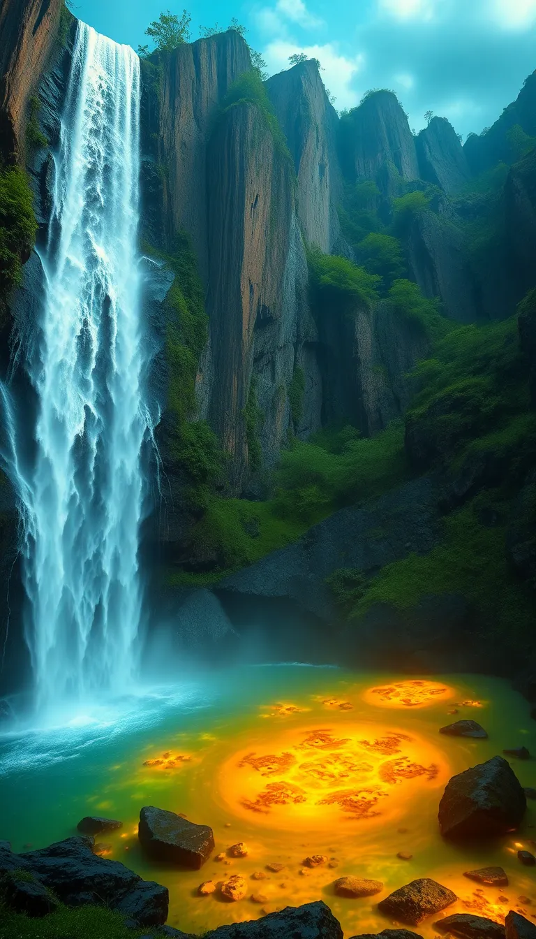 A majestic waterfall cascading through a lush green forest.