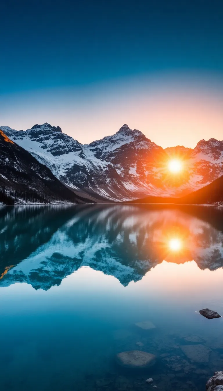 A serene mountain lake reflecting a stunning sunrise.