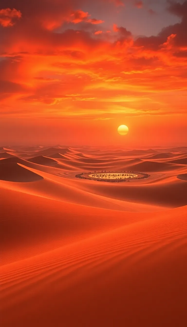 A vibrant orange sunset over a vast desert landscape.