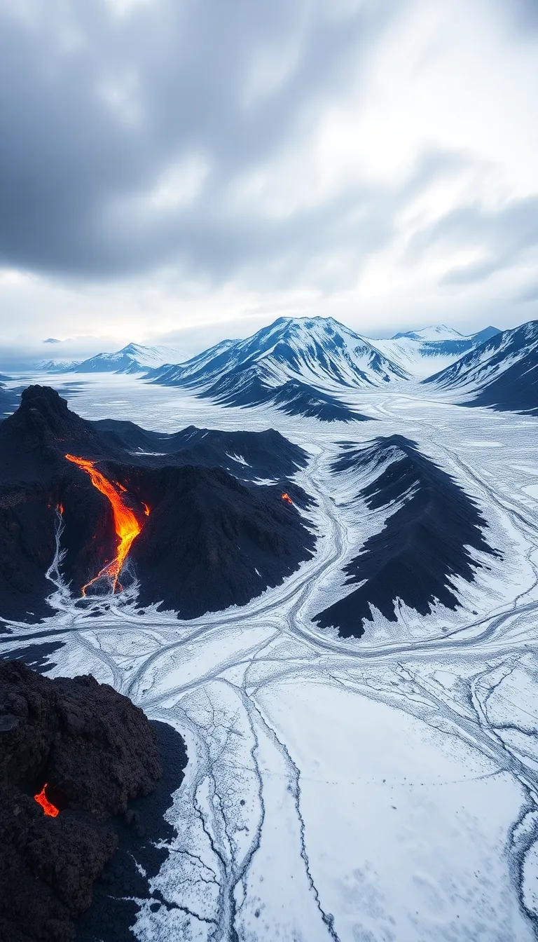 A dramatic landscape with a glacier meeting a volcanic eruption.