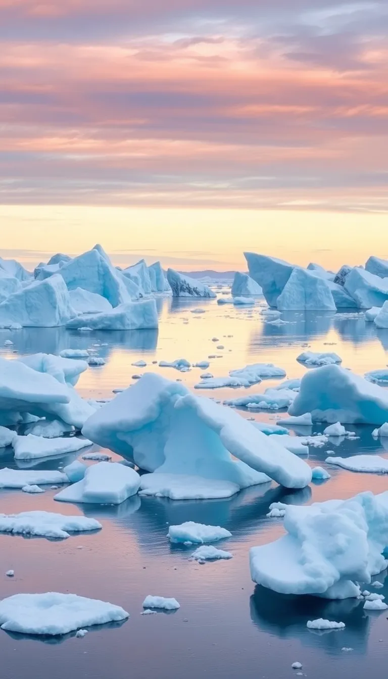 A serene scene of icebergs floating in a calm sea at sunset.