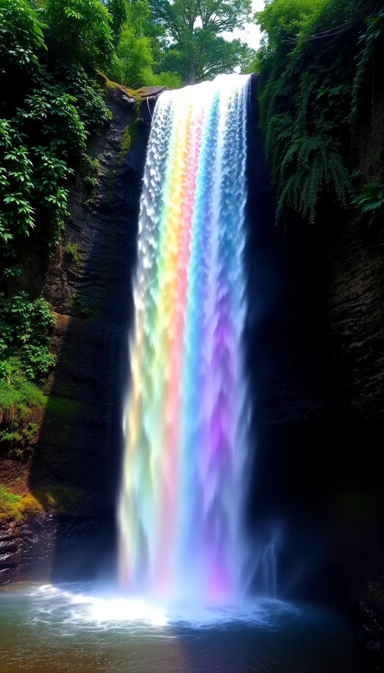 A majestic waterfall cascading down a rocky cliff with a rainbow arching over it.