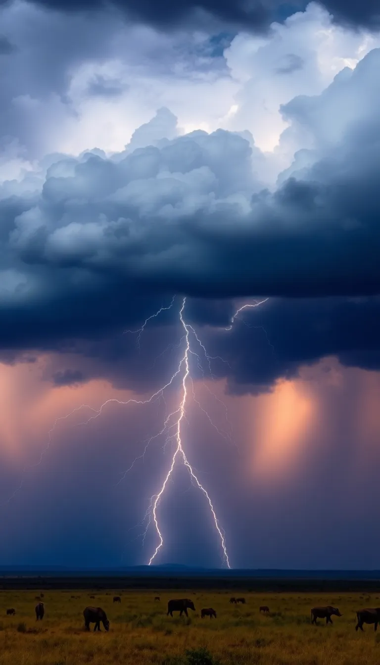 A dramatic thunderstorm with lightning striking the ground in a vast landscape.