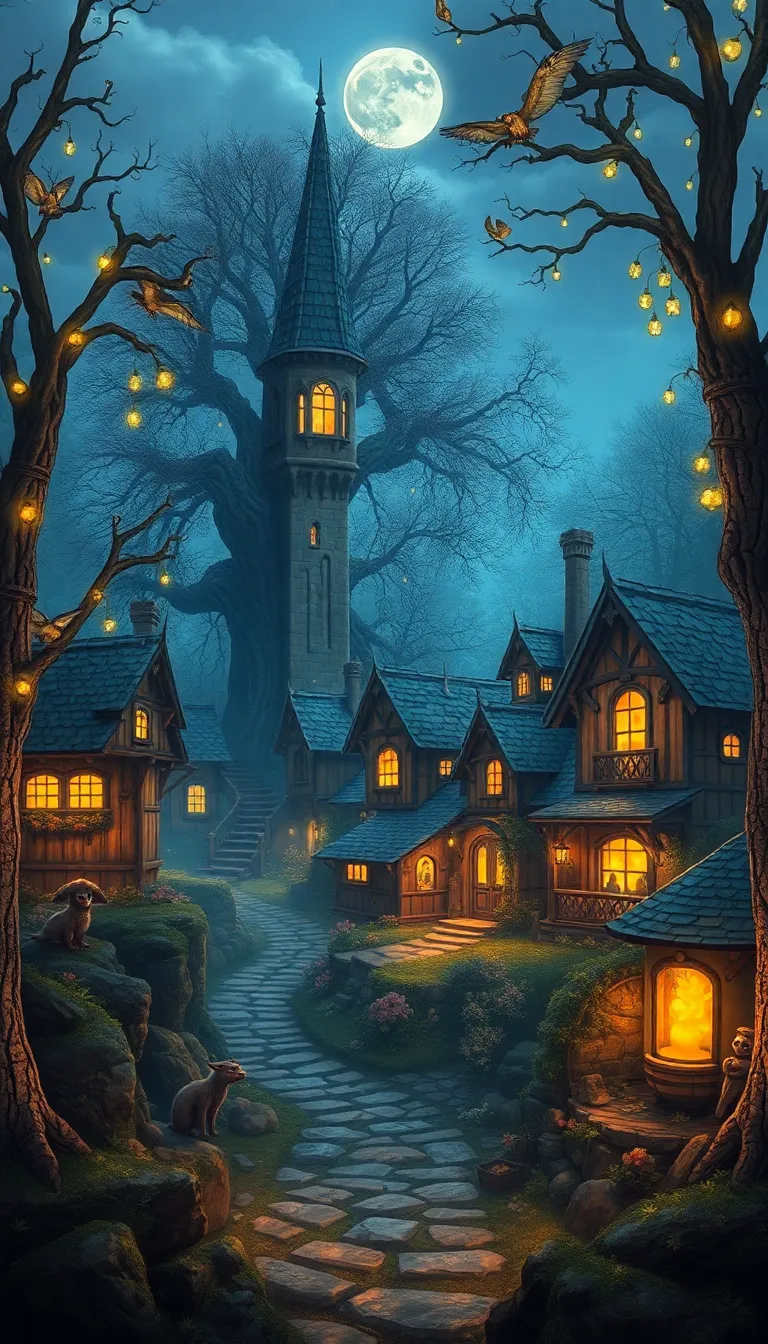 A spooky scene with a haunted house and spooky trees under a full moon.