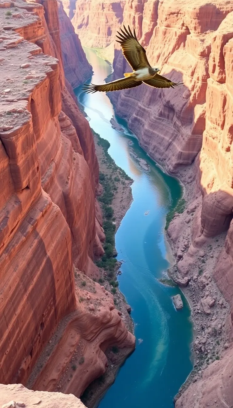 A stunning aerial view of the Grand Canyon with its layered rock formations and the Colorado River winding through it.