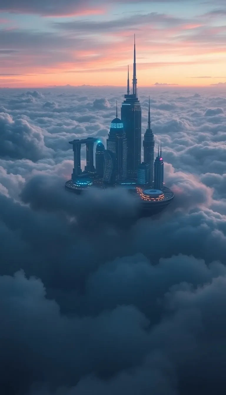 A futuristic city rising above the clouds at sunset.