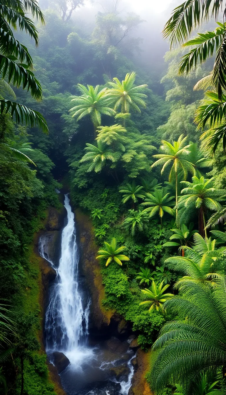 A lush green rainforest with a waterfall cascading through the trees.