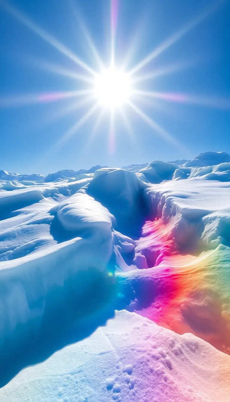 A rainbow arcing over a snowy landscape with the sun shining brightly.