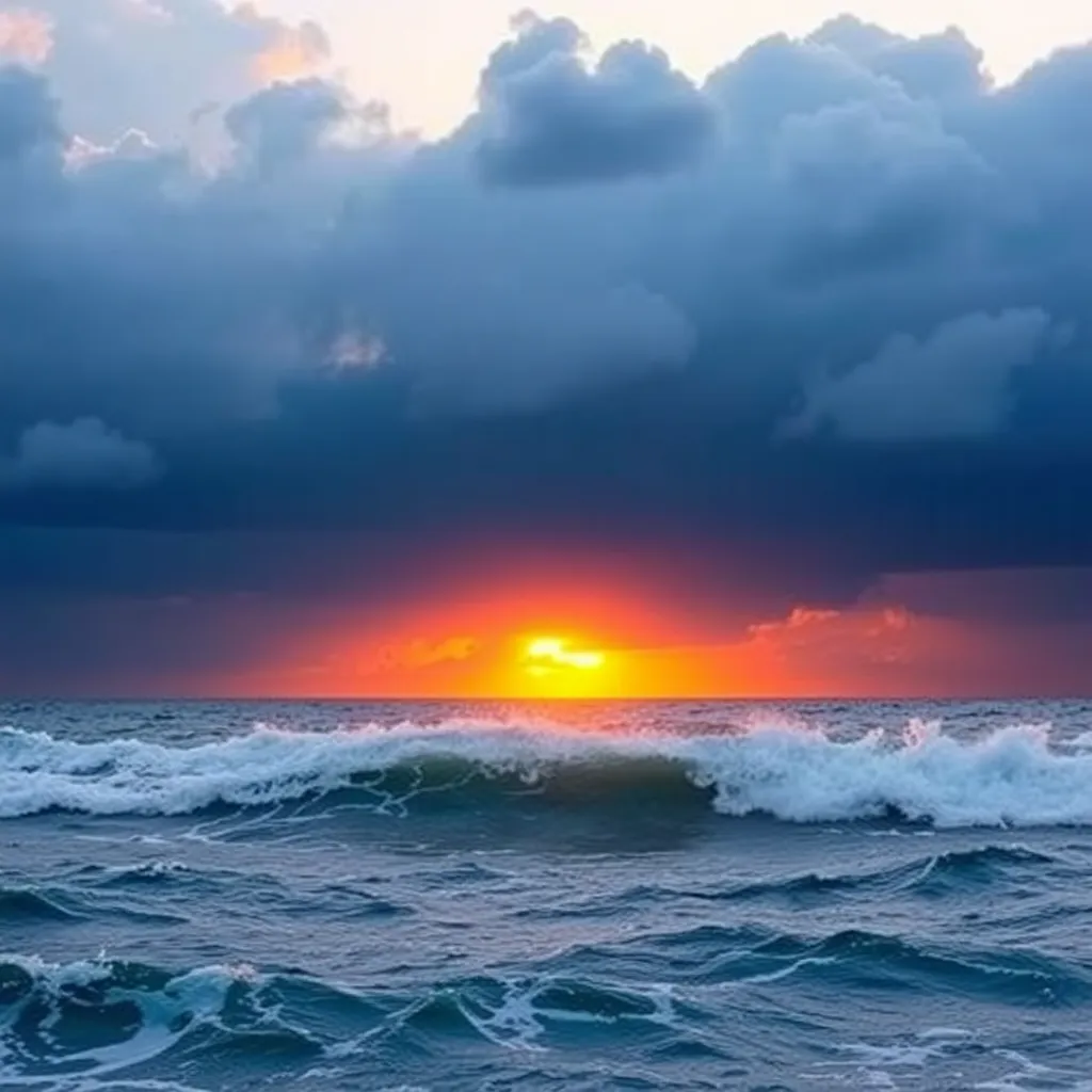 A dramatic sunset over a stormy ocean with crashing waves.