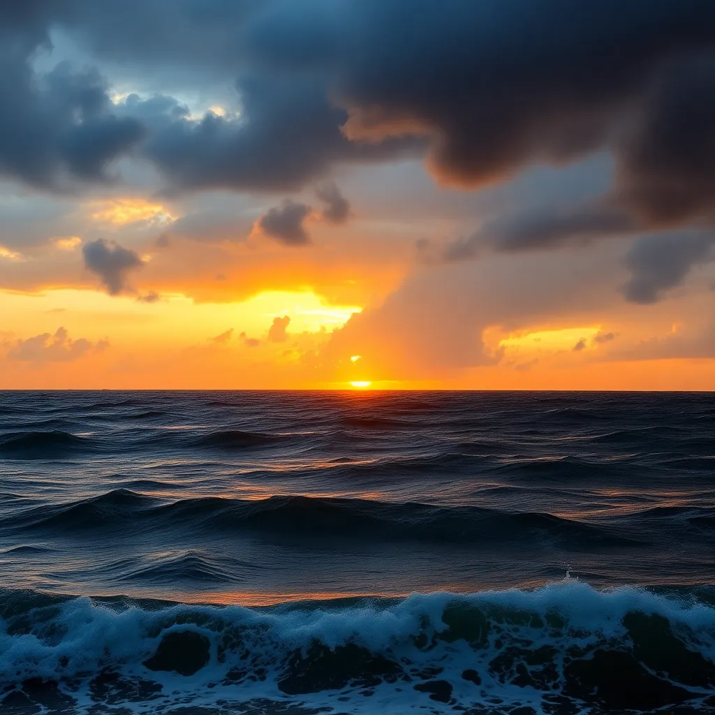 A fiery sunset over a vast ocean with crashing waves.