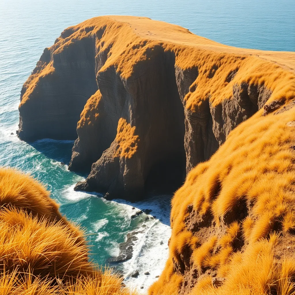 A dramatic cliff overlooking the ocean at sunset.