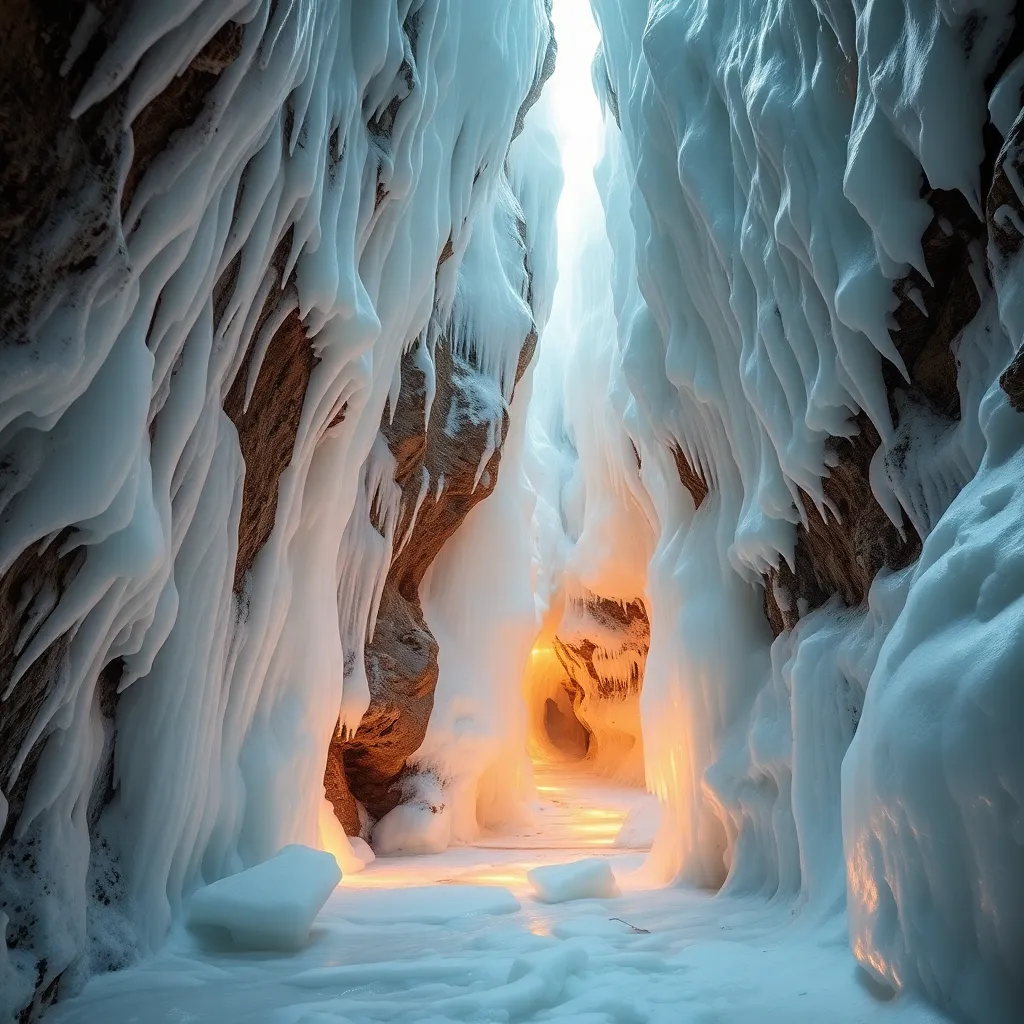 A frozen waterfall cascading down a snow-covered cliff.