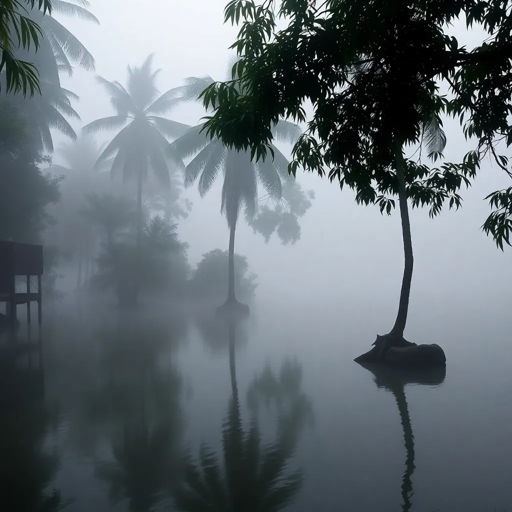 A serene scene of a lone tree reflected in a misty lake.