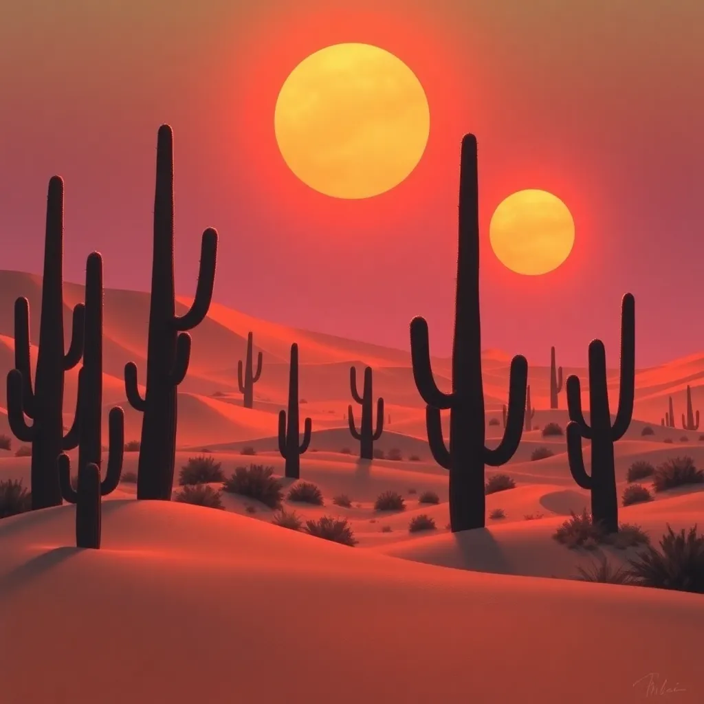 A desert landscape with tall cacti silhouetted against a vibrant sunset.