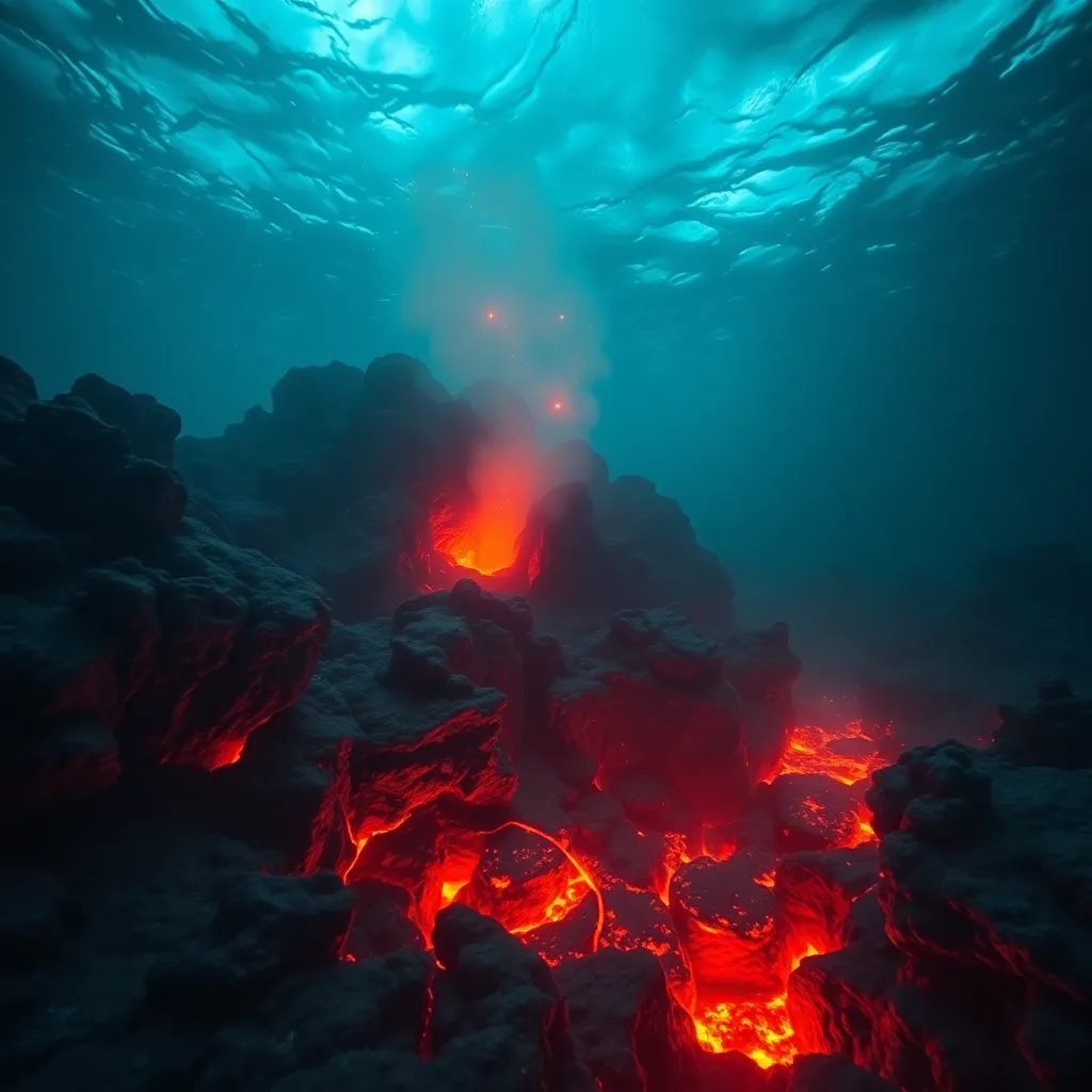 An underwater volcanic eruption with lava glowing against a dark blue background.