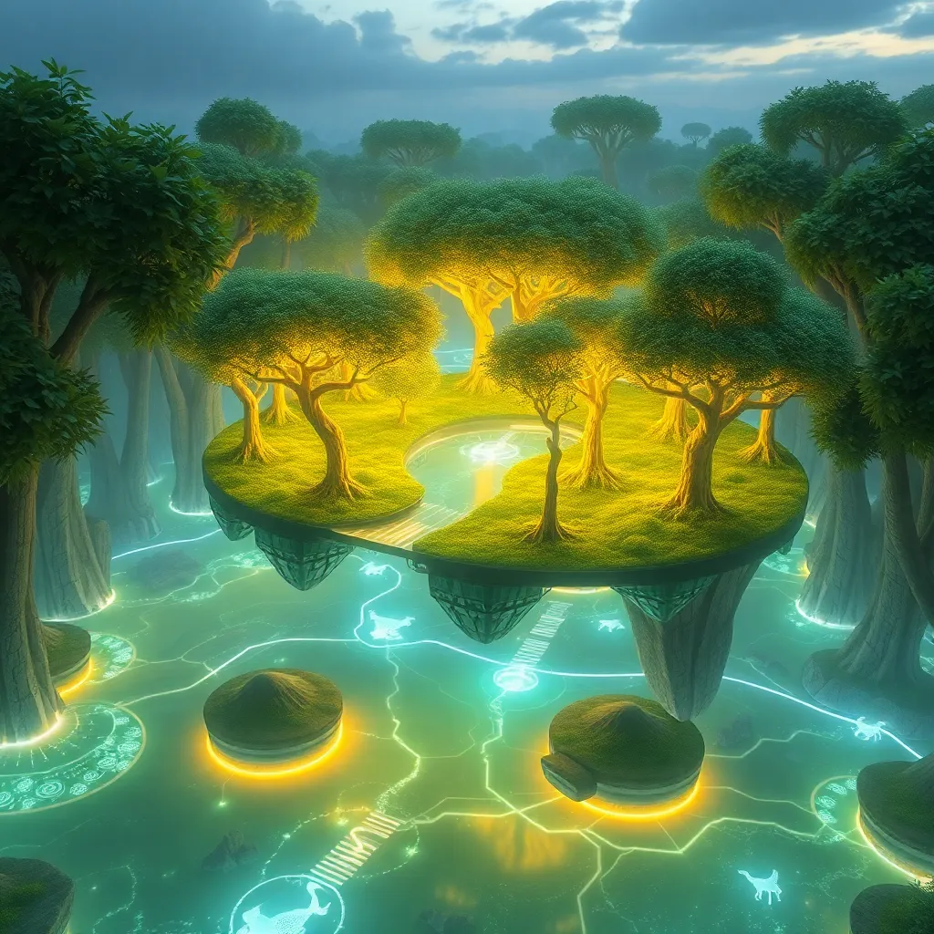 A surreal scene with a floating island covered in lush trees, glowing with energy.