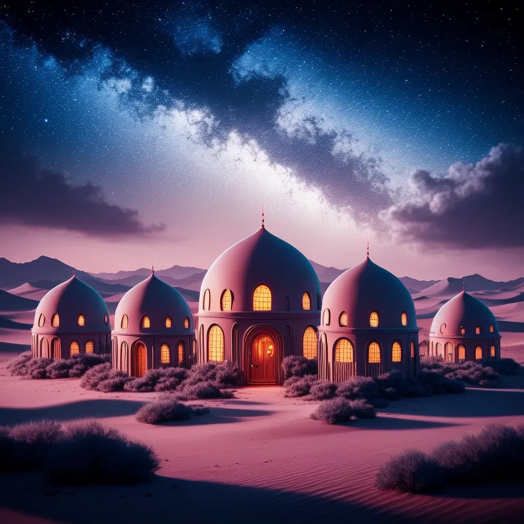 A village of domed houses nestled in a desert landscape under a starry sky.