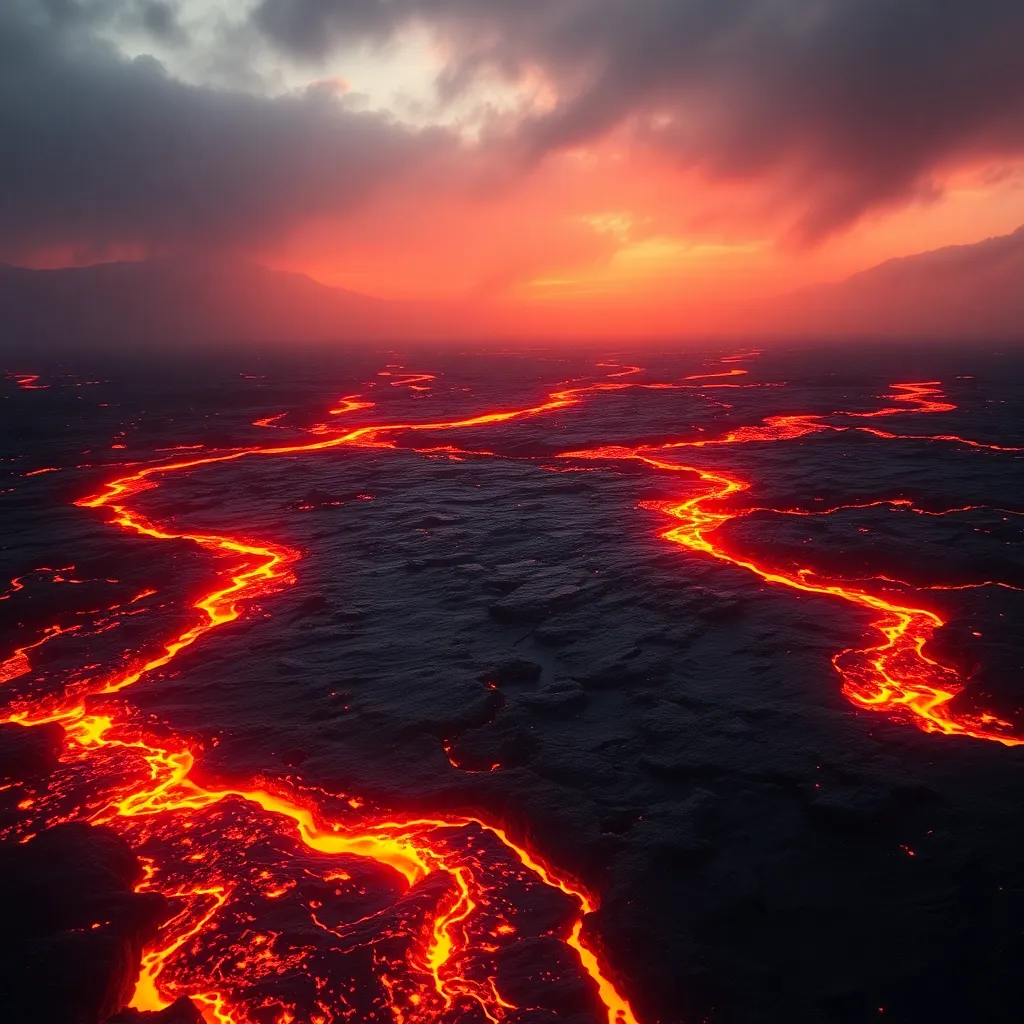 A fiery volcanic eruption with lava flowing across a dark landscape.