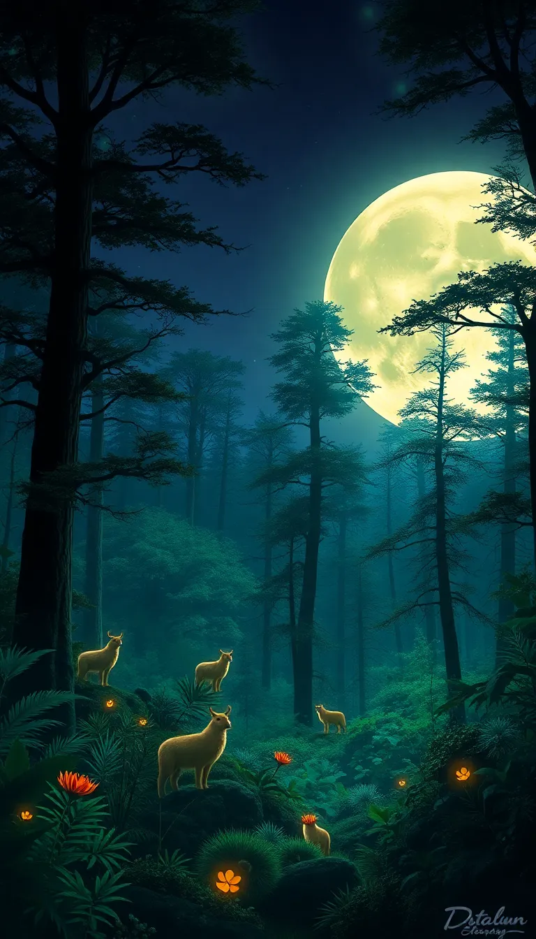 A mystical forest bathed in moonlight with glowing lanterns.