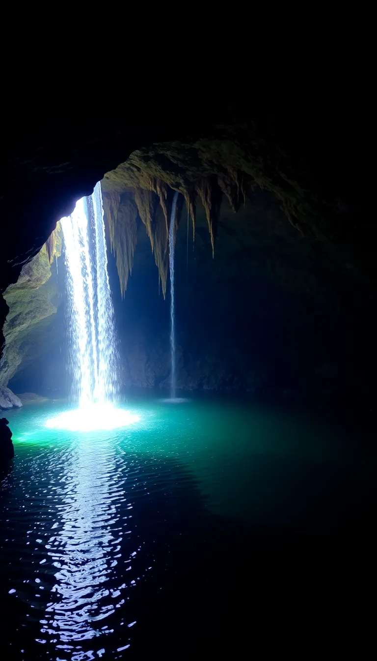 A hidden waterfall cascading into a deep cave illuminated by a pool of water.