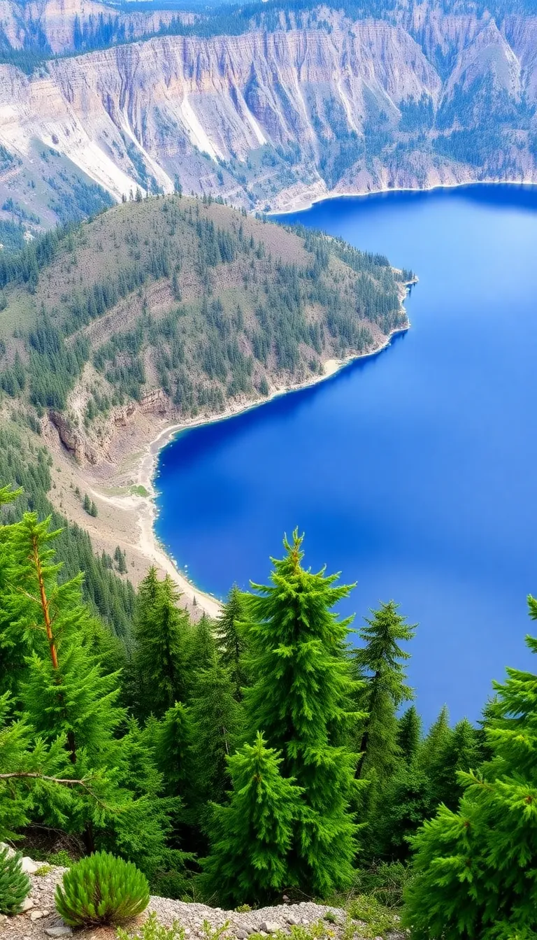 A breathtaking aerial view of Crater Lake, Oregon, with its deep blue water and lush green forests.