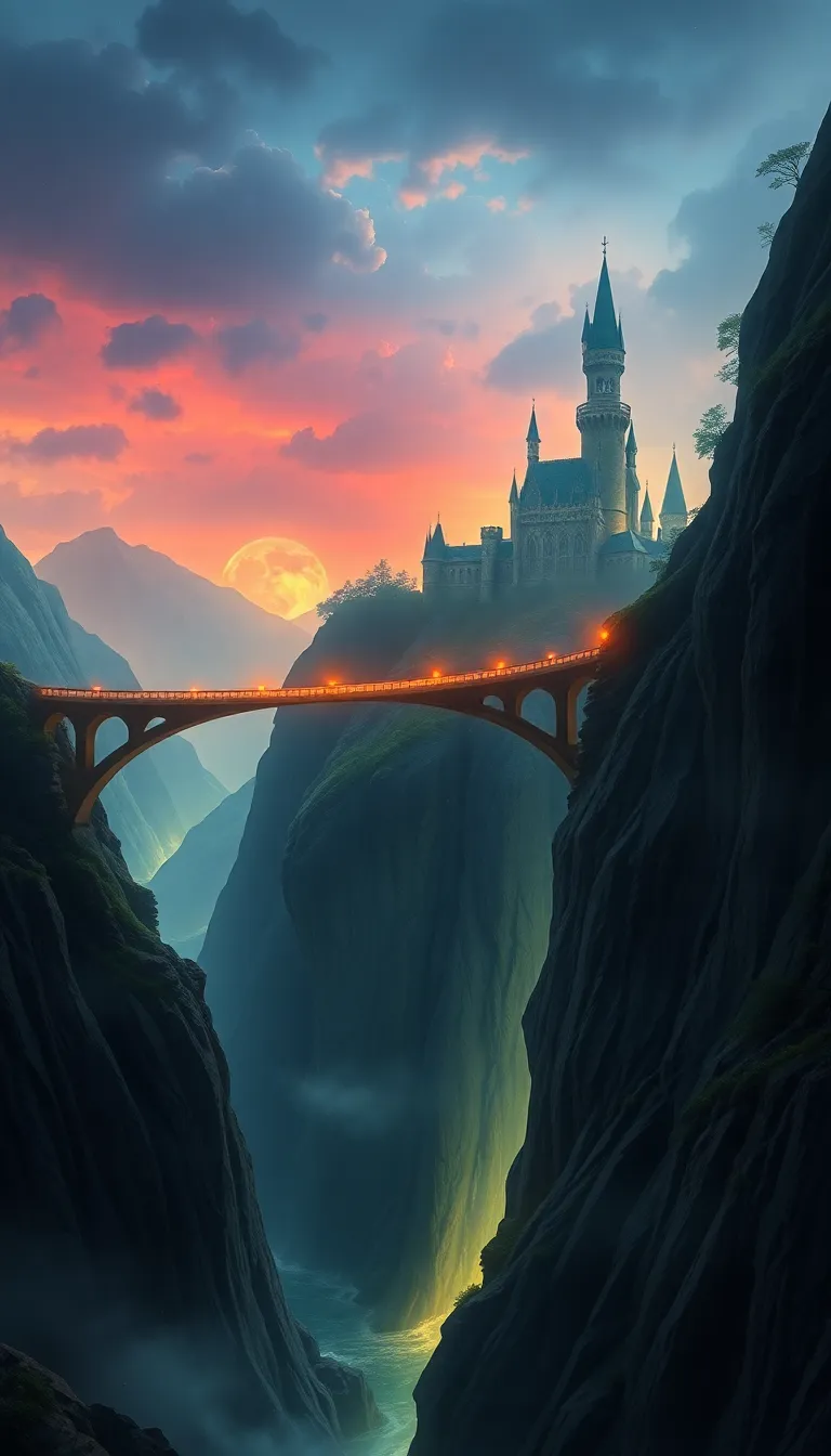 A bridge connecting two mountains with a dramatic sunset in the background.