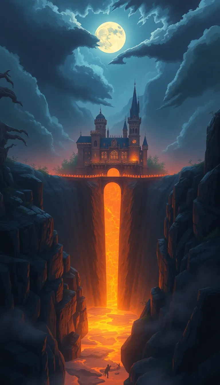 A majestic castle overlooking a fiery waterfall.