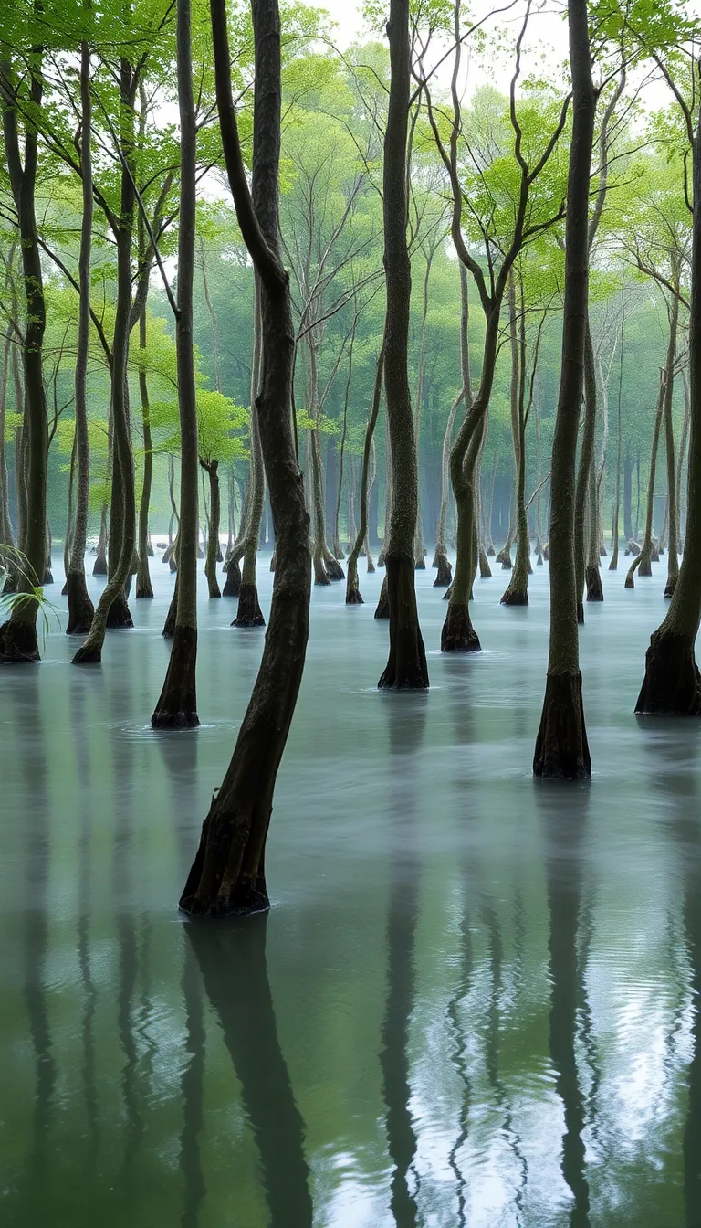 A mysterious forest with tall trees reflected in still water.