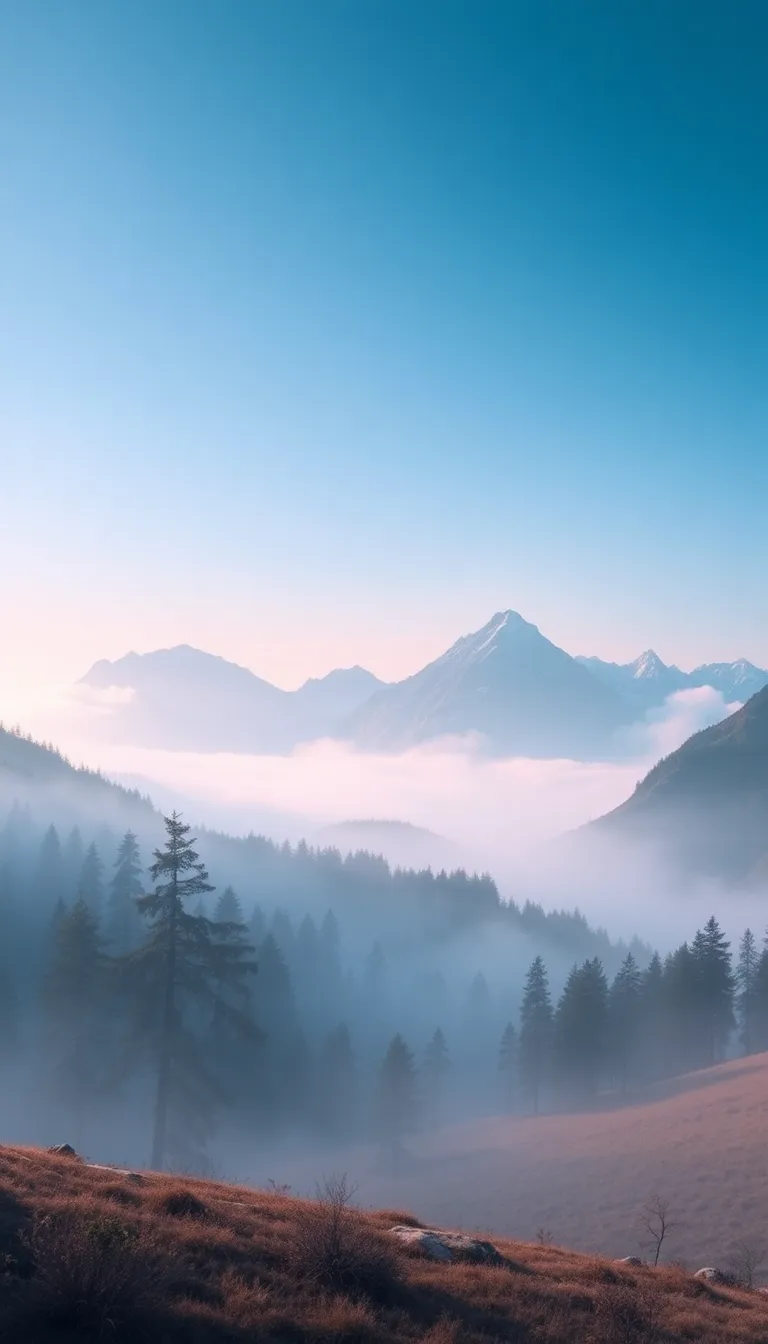 A misty mountain landscape with a valley shrouded in fog.