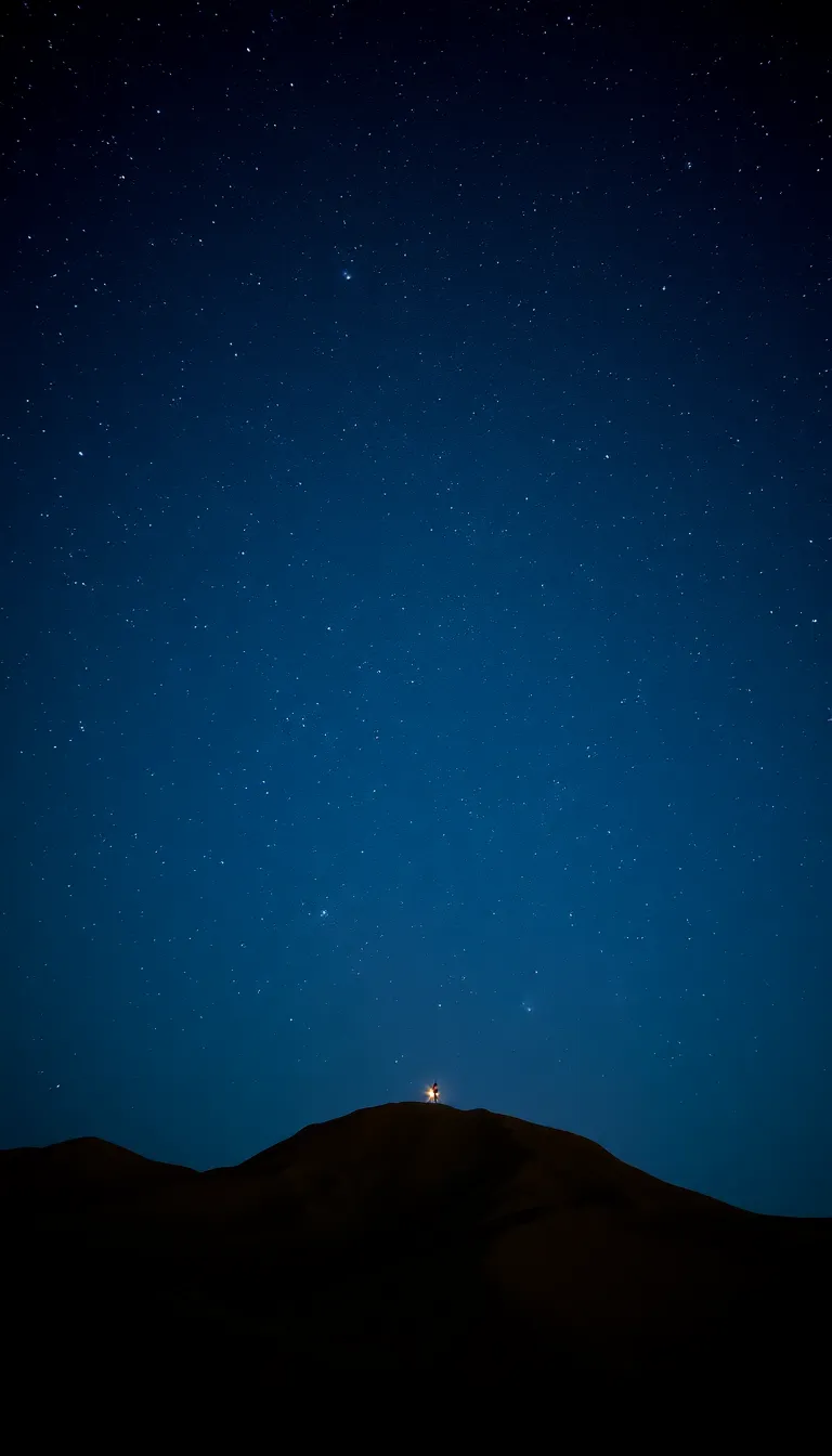 A solitary candle flickering on a hilltop under a starry night sky.