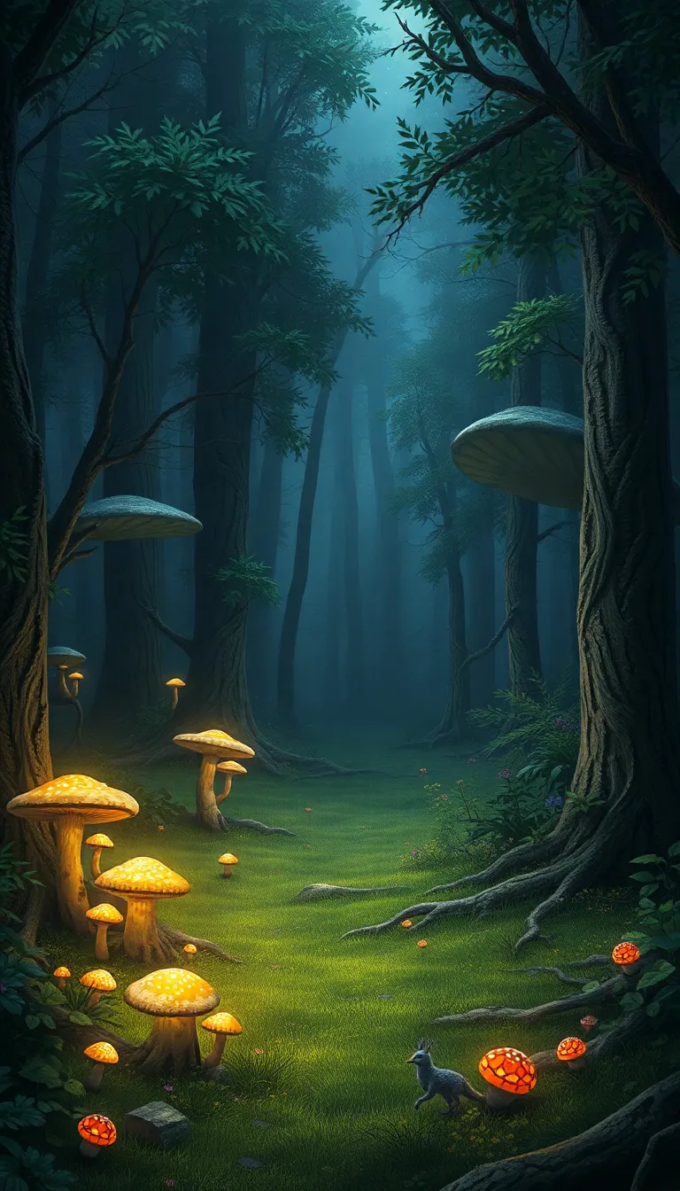 A magical forest path illuminated by glowing lanterns.