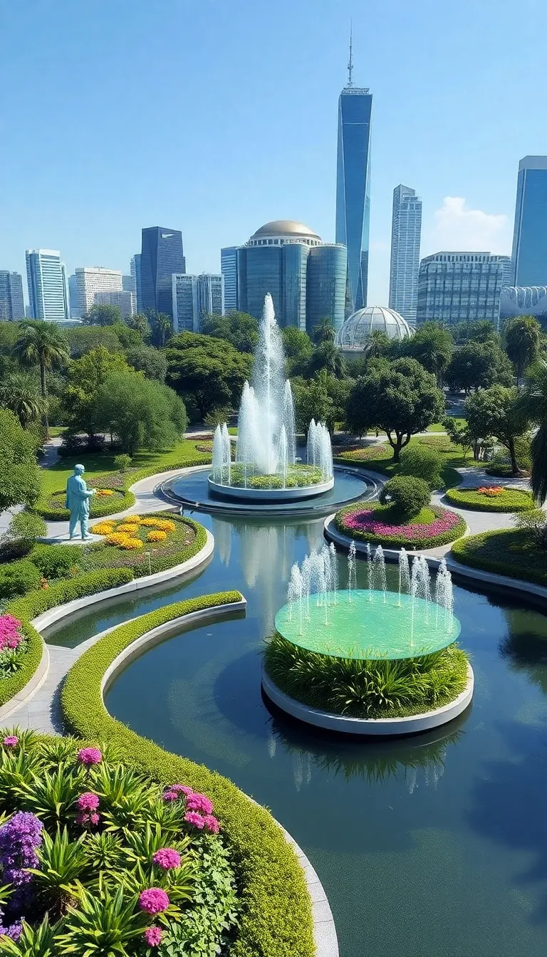 A scenic view of a city park with a large fountain and lush greenery.