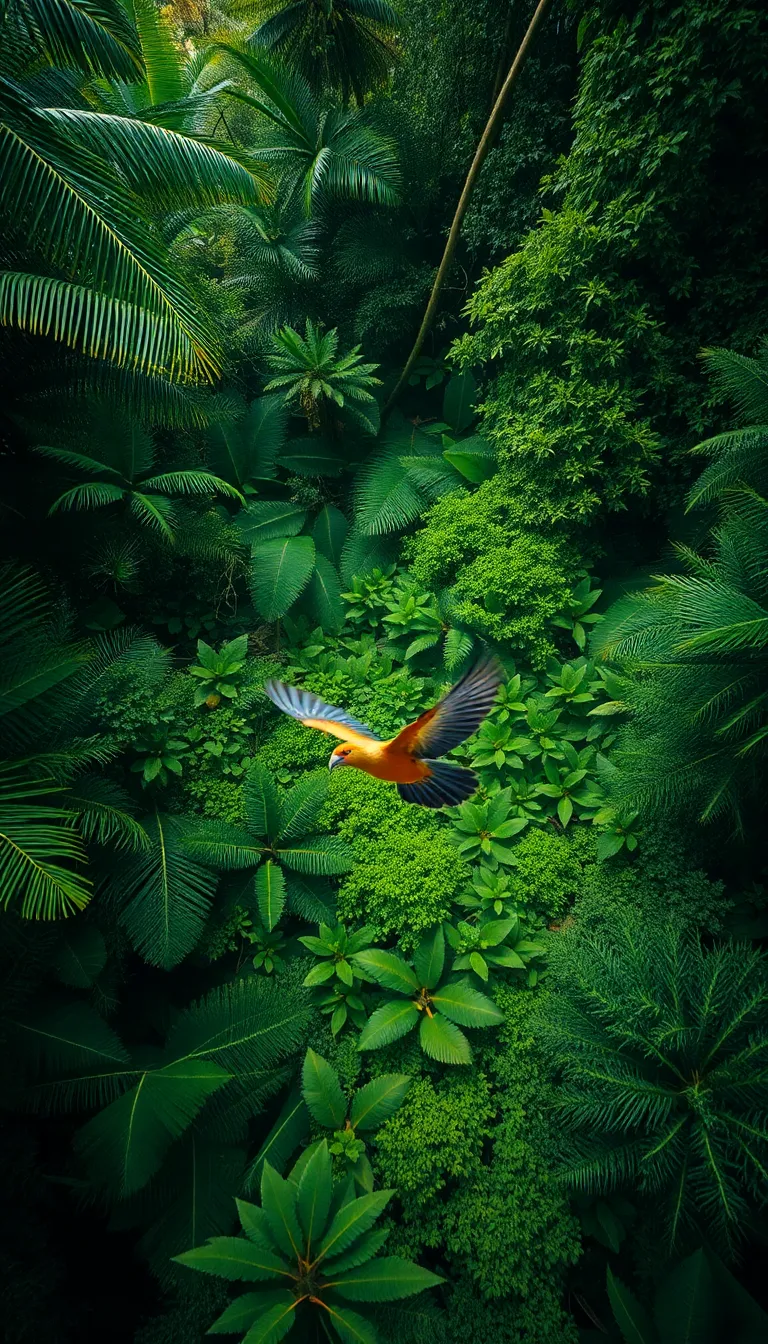 A vibrant tropical jungle with lush foliage and a colorful bird flying through the trees.