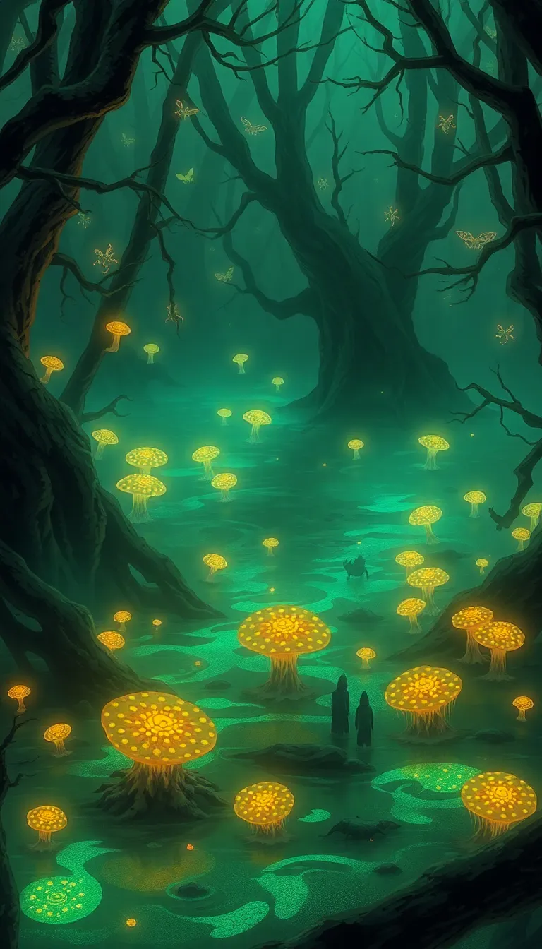 A mystical forest with glowing mushrooms and a dark, ethereal atmosphere.